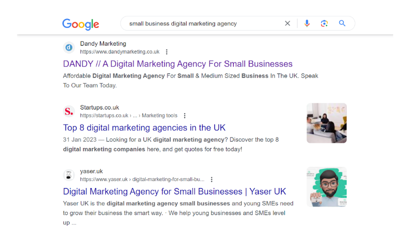 Google search results page for the keyword small buiness digital marketing agency